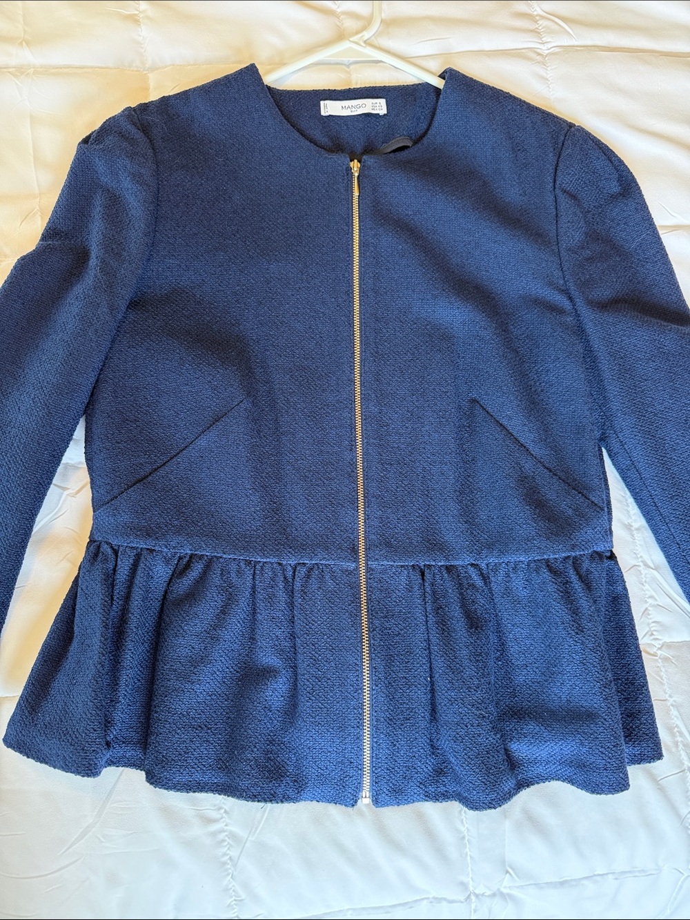 Mango Navy Peplum Zip Jacket with Gold Hardware